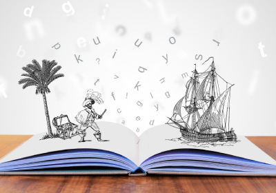 an image of an open book with pop-up illustrations coming out of the open pages: a pirate with sword drawn on a desert island with treasure facing toward a pirate ship