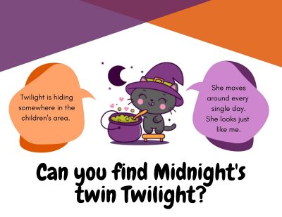 Can you find Midnight's twin Twilight?  She likes to move around the library.  Look for her next time you're in!